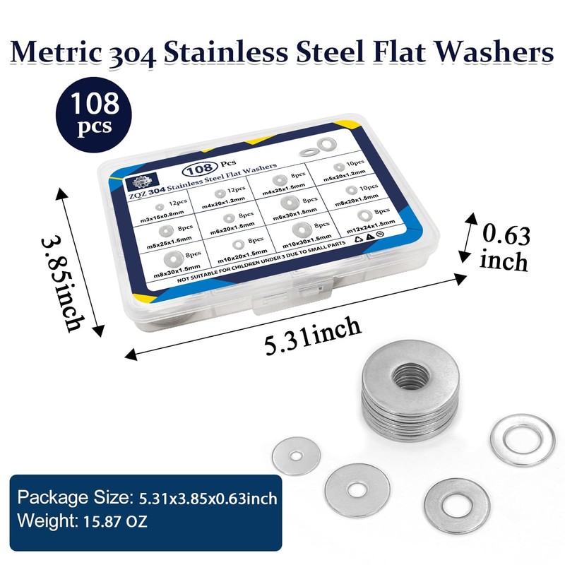 ZQZ 108Pcs Flat Washers, 304 Stainless Steel Fender Washers Assortment,