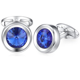 HONEY BEAR Round Cufflinks with Crystal for Mens Shirt Suit Wedding Business Gift with Box (Blue 16mm)