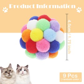 Thxutm 9PCS Cat Toy Balls, 1,75'' Soft Pom Pom Balls for Kittens, Colorful Soft Fuzzy Ball for Cats, Interactive Playing Chewing Toys for Indoor Cats and Kittens, Cute Kitty Toy