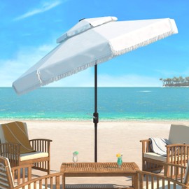 Safavieh PAT8208C Outdoor Milan Fringe White 9-Foot Double Top Crank UV Protected Umbrella