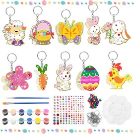 Easter Crafts Children 20 Pieces Easter Wood for Painting DIY Wooden Easter Decoration Pendant with Paints, Brushes, Key Rings and Stickers, Craft Set Easter Children 4+ Years