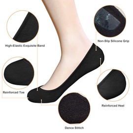 SIXDAYSOX Black No Show Socks Women 4 Pairs Reinforced Super Invisible Rubber Heel Summer Cotton Socks for Flats Loafers Size 5-8