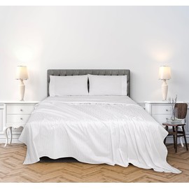 ROYALE LINENS 300 Thread Count 100% Long Staple Combed Cotton Striped Sheet Set - 4 Piece Full Bed Sheets - 1 Fitted, 1 Flat, 2 Pillow Cases -Soft Cool & Crisp Sheet Set (Full, Stripe White)