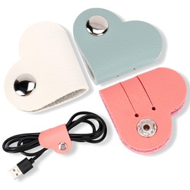 KALIONE Heart Cord Organizer 3 Pack Wrap Manager, USB Cable Organizer Storage PU Leather Earphones Storage Straps Portable Bag Charging Cable Holder Cute Headphone Case Gifts for Women Girls