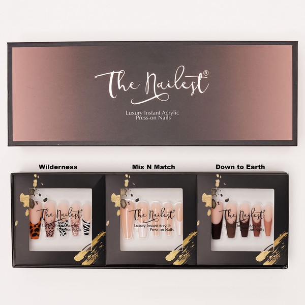 The Nailest - Gift Box 3 Set Combo - French C Curve Trio - Long Coffin Instant Luxury Acrylic Press On Nails
