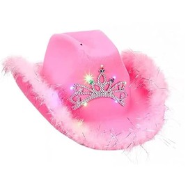 YOVECATHOU Cowgirl Light Up Blinking Tiara Hat Sequin Trimmed For Girls Fun Shiny Cowgirl Costume Accessory (Pink 02)