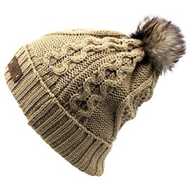 ANGELA & WILLIAM Women's Faux Fur Pompom Fleece Lined Knitted Slouchy Beanie Hat - Khaki