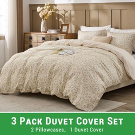Gogreen 100% Cotton Queen Duvet Cover Set - 3 Piece Soft Breathable Bedding Set, All Season Comforter Cover with Zipper Closure & Corner Buttons, Includes 2 Pillowcases (Beige Floral, Queen Size)