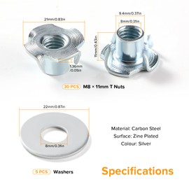 Lyeteung 30 pieces M8 × 11 mm drive-in nuts, four-prong nuts, 4-prong T-slot nuts, with 5 pieces washers, for wood, cabinets, furniture