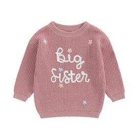 Bufarromio Little Baby Girls Casual Sweater Big Sister Letter Flower Embroidery Long Sleeve Knitwear Round Neck Fall Winter Pullover (Rose Red White, 3-4 Years)