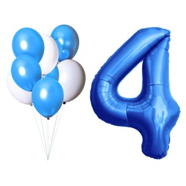 LAC Foil Balloons Numbers 4 - Kit 5pcs Blue and 3pcs White Balloons for Kids - Boys Birthday Decorations