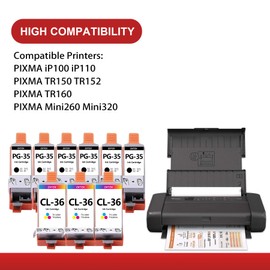 PGI-35 CLI-36 Black and Color Ink Cartridge 9 Pack (6 Black+3 Tri-Color) Replacement for Canon 35 36 TR150 Ink Cartridge Compatible PIXMA iP100 iP110 TR150 TR160 PIXMA mini260 mini320 Printer