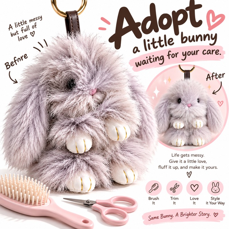 Fluffy Bunny Keychain for Bags & Keys – Messy or
