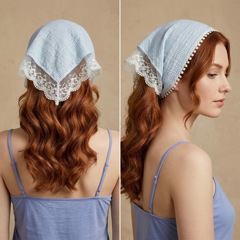 2 Pcs Head Scarf Triangle, Cute Lace Stylish Kerchief Polyester