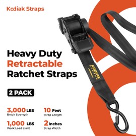 Retractable Ratchet Straps 2" x 10ft, 3,000lb Break Strength, Heavy Duty Easy Release Tie Down for Trucks, Trailers, Motorcycles, ATVs, Secure Cargo KODIAK STRAPS (Black, 2Pack)