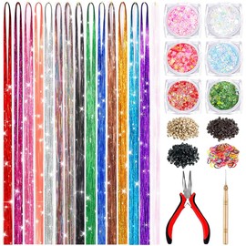 Hair Tinsel Kit With Body Glitter 15 Colors 48 Inch 7500 Strands Glitter Tinsel Hair Extensions With Tools Fairy Hair Accessories, Suitable for Festivals and Daily Use (15 Colors Hair Tinsel Kit)