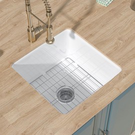 HOMLYLINK White Wet Bar Sink Drop In 18 x 18 Inch, 9" High Small Undermount Kitchen Sink,Single Bowl Fireclay Prep Sink, White Outdoor Kitchen Sink Dual Mount, for Kitchen,Island,Outdoor,Bar