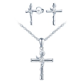 INFINIONLY Women's Girls Pendant and Earrings, 925 Silver Jewellery Sets, Classic Cross Necklace Earrings, Rose Cross Pendant Earrings, Women's Jewellery Set, Inlaid Zirconia, Silver, Silver, Cubic