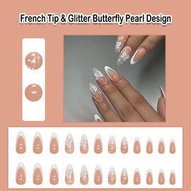 ANDGING French Tip Press on Nails Almond Short Medium White Glue on Nails with Glitter Butterfly Pearl Design Fake Nails for Wedding Birthday Manicure Acrylic False Nails Gel Stick on Nail with Glue