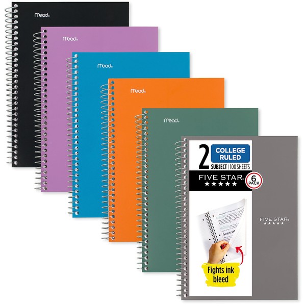 Five Star Small Spiral Notebooks, 6 Pack, 2 Subject, College Ruled Paper, 9-1/2" x 6", 100 Sheets, Amethyst Purple, Sedona Orange, Seaglass Green, Tidewater Blue, Gray, Black (73711)