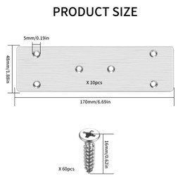 10 Pcs Flat Joining Plates, Metal Mending Plates for Wood, Timber Connector Perforated Straight Brace Brackets, Stainless Steel Heavy Duty Fixing Brackets for Furniture Repair, 6.7x1.89 in