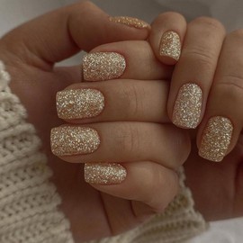 Light Brown Glitter Press on Nails Short Square Shape Sparkling Short Gel Nails Press on Acrylic Nails Fake Nails for Women Glue on Nails Short with Bling Glam Designs Square False Nails 24Pcs