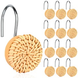 Boho Shower Curtain Hooks Rings,12 Pcs Decorative Shower Shower Rings Woven Wicker Ratten Decorative for Bathroom Farmhouse Shower Curtain Hangers Accessories (Wood Color)