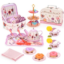 Tea Set for Little Girls, Birthday Gift for Age 3 4 5 6 Year Old, Toddler Toys Tea Party Set for Little Girls, Princess Kids Kitchen Pretend Toy with Tin Tea Set, Desserts & Carrying Case