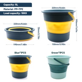 WYYFXY® Pack of 2 Folding Buckets, 5 L Bucket, Foldable Cleaning Bucket, 5 Litre Bucket, Collapsible Bucket Wash Bucket with Handle for Beach, Fishing, Camping, Hikenture, Travel, Car (Green and Blue)