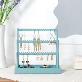 SANY DAYO HOME 3-Tier Earring Holder Organizer Stand, 105 Holes Teal Blue Metal Earring Rack Jewelry Display Tree with Wood Tray for Women and Girls