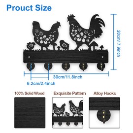 MAYJOYDIY Chicken Coat Hooks Wall Mount Floral Roosters Hens Chicks Wood Key Holder for Wall 11.8×7.9inch Black Animal Wall Art Decor Key Hooks 5 Alloy Hooks for Gift Farmhouse Entryway Living Room