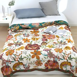 Shesyuki Boho Throw Blanket for Bed - 100% Pure Cotton Ultra Soft Rustic Quilt - Farmhouse Decor Bed Blankets, All Season Rustic Throw for Sofa Couch Chair(91''x 98'', Floral Blossom)