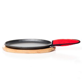 Old Mountain Pre-Seasoned Cast Iron Mid Size Fajita Plate Set with Wood Base and Cotton Mitt