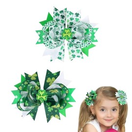 2pcs St Patricks Day Bow Hair Clips Irish Green Shamrock Hair Bows Multi-layer Clover Grosgrain Bows Hair Barrettes Metal Duck Bill Hair Clips Irish Hair Accessories for Women Girls (12x10cm)