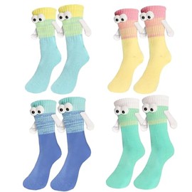 4 Pairs Magnetic Hand Holding Socks for Couple Friends Kids 3D Doll Mid-Tube Cute Hand in Hand Socks Novelty Xmas Scoks (Gradient)