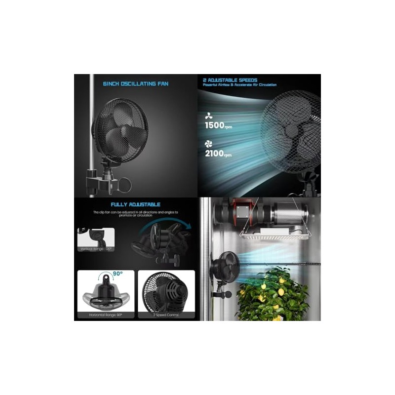 CDMALL DE-Power 6" Grow Tent Fan, EC Motor, Black Oscillating