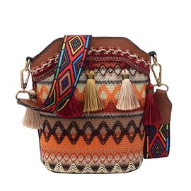 Yomotay Ethnic Bag Women's Vintage Colourful Handbag Boho Embroidery PU Canvas Bag, brown