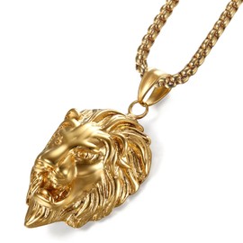 JewelryWe men’s stainless steel necklace with lions head biker pendant, 55-cm chain, gift, Stainless Steel, Gold