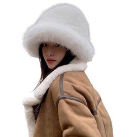 Winter Fluffy Faux Fur Plush Bucket Hat for Women Fuzzy Warm Fisherman Cap Outdoor Thick Winter Hat for Ladies (White)
