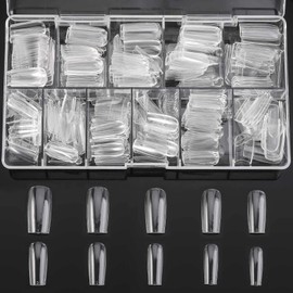 500PCS Square Nail Tips Full Cover Clear Fake Nail Tips for Acrylic Nails, Size 1~10