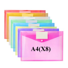LOCCY 8 Pack Plastic Wallets A4 Folders for Paperwork, 8 Colors Document Wallets Folders with Label Pocket and Snap Button, A4 Plastic Wallet for Office Stationary Home School Travel