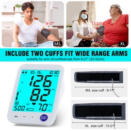 Blood Pressure Monitor-Automatic Blood Pressure Machine XL Cuff for Big Arms 13-21”-Medium/Large Cuff 9"-17" Extra Large Backlit LCD Two User 1000 Mem (Blue