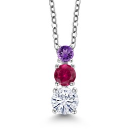 Gem Stone King Rhodium Plated Created Ruby 3 Stone Pendant for Women & Chain  Moissanite 0.85ct