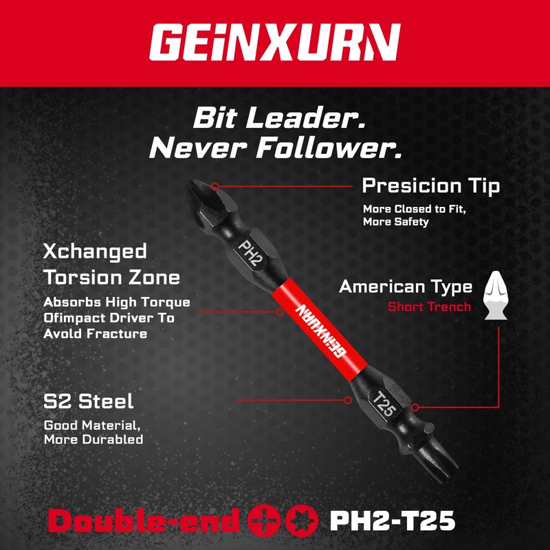 Geinxurn 10Pcs PH2-T25 Impact Double End Screwdriver Bit Set, 2.56