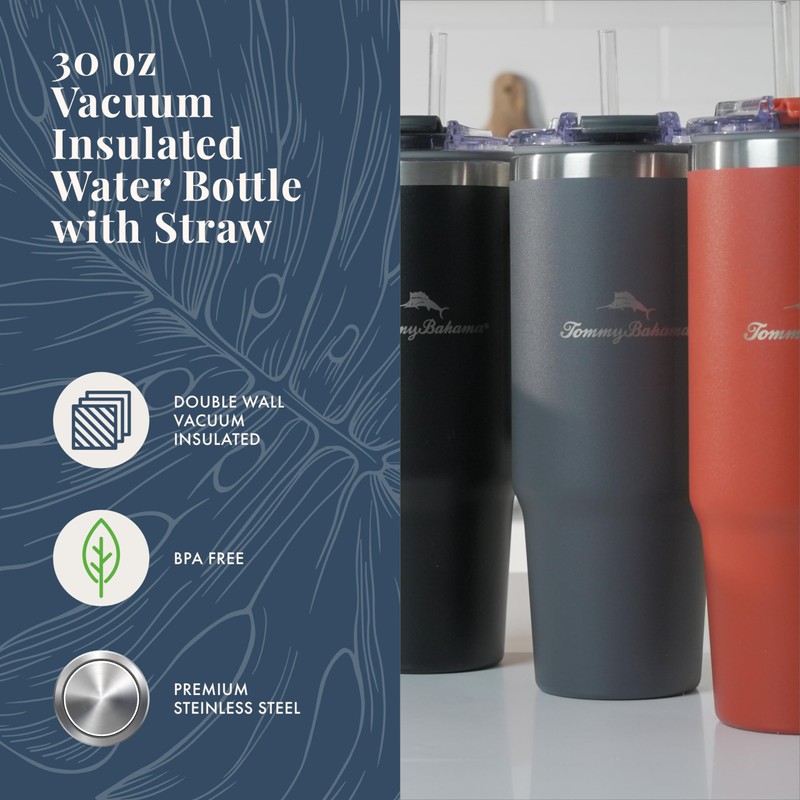 Tommy Bahama Vacuum Insulated Water Bottle with Straw - Double-Wall