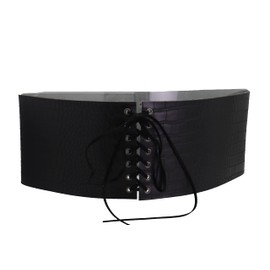 Women Western Fashion Extra Wide Black Faux Leather Crocodile Stamp Tie Corset Belt High Waist Size M