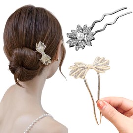 Pack of 2 French Hair Pin Metal French Twist Hair Pin, Diamond Beads, Flower Bows, U-Shaped Hair Fork, Large Hair Pin Clip for Women Girls All Hair Types