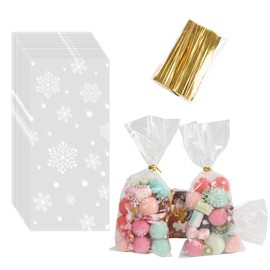 LOMIMOS 120pcs Christmas Cellophane Treat Bags,Clear Plastic Candy Cookie Packing Bags with Twist Ties for Winter Holiday New Year Xmas Party Supplies(Snowflakes)
