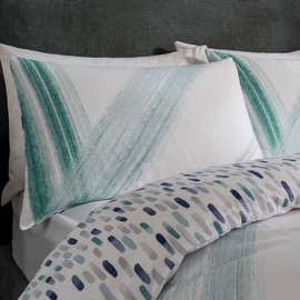 Sleepdown Abstract Brush Strokes White Teal Navy Reversible Duvet Cover Quilt and Pillow Case Bedding Set Soft Easy Care-Single (135cm x 200cm), Polycotton