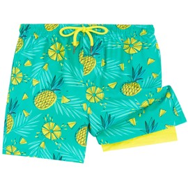 UMELOK Boys Swim Trunks with Compression Liner Toddler Stretch Swim Shorts Boxer Brief 2 in 1 Quick Dry Swimming Trunks Beach Shorts Green Pineapple 4T